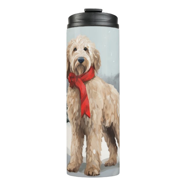 Garrafa Térmica Goldendoodle Cachorro na Neve Natal  (Frente)