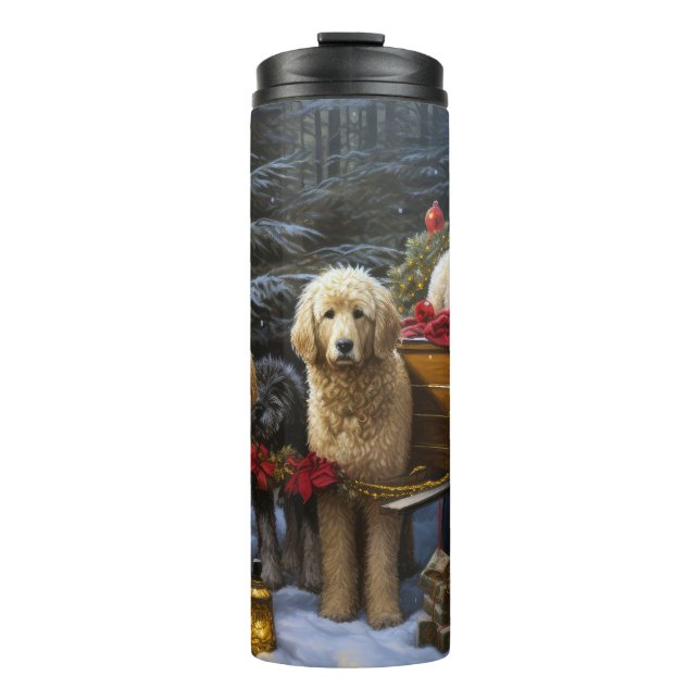 Garrafa Térmica Goldendoodle Snowy Sleigh Decência de Natal (Frente)