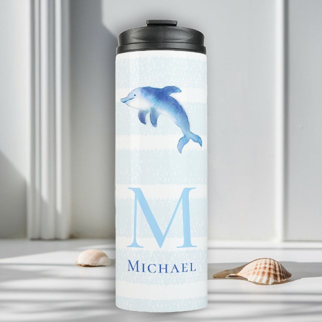 Garrafa Térmica Golfinho Stripes Monograma Praia Náutica (beach house tumbler personalized monogram dolphin sea blue stripes nautical ocean grandchild oy gift)