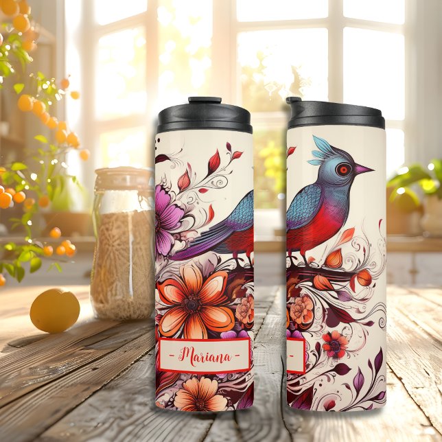 Garrafa Térmica Gorgeous Red bird e floral — Nome personalizado Su (Gorgeous Red bird and floral custom name Summer Thermal Tumbler)