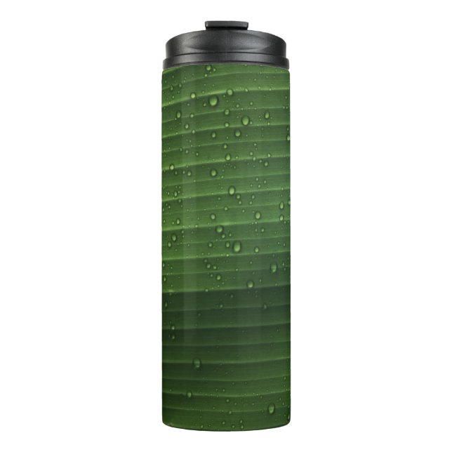 Garrafa Térmica Gotas de água em folha verde (Frente)