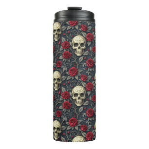 Garrafa Térmica Gótico Vintage Crânio e Rosas Vermelhas Floral