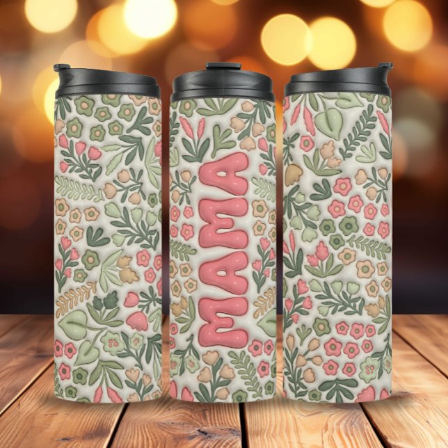 Garrafa Térmica Green Boho Floral Mama (3D Inflated Green Pink Boho Flowers Mama Thermal Tumbler)