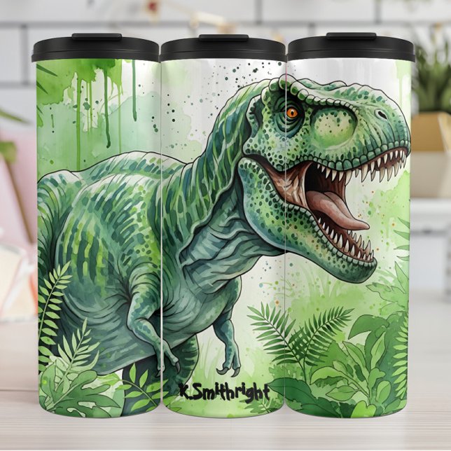 Garrafa Térmica Green T-Rex Jungle Watercolor Roar (Criador carregado)