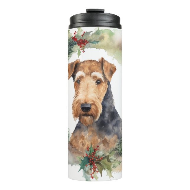 Garrafa Térmica Grinalda de Natal Airedale Pup Festivo (Frente)