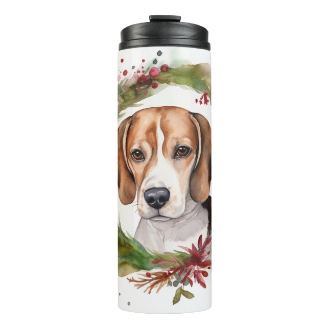 Garrafa Térmica Grinalda de Natal de Beagle Cachorro Festivo (Frente)