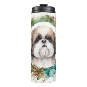 Garrafa Térmica Grinalda de Natal do Shih Tzu Cachorro Festivo