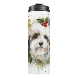 Garrafa Térmica Grinalda de Natal Havanese Cachorrinho Festivo