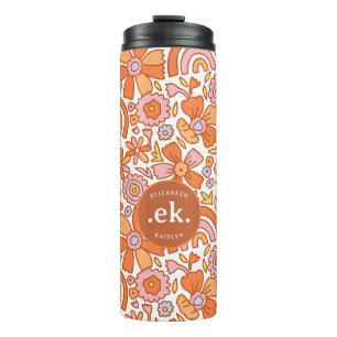 Garrafa Térmica Groovy Retro Orange Florals Monograma