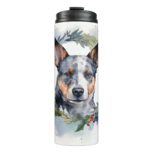Garrafa Térmica Guirlanda de Natal do Cão Pastor Azul Festivo