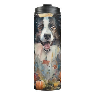 Garrafa Térmica Halloween Border Collie Com Pumpkins Assustado
