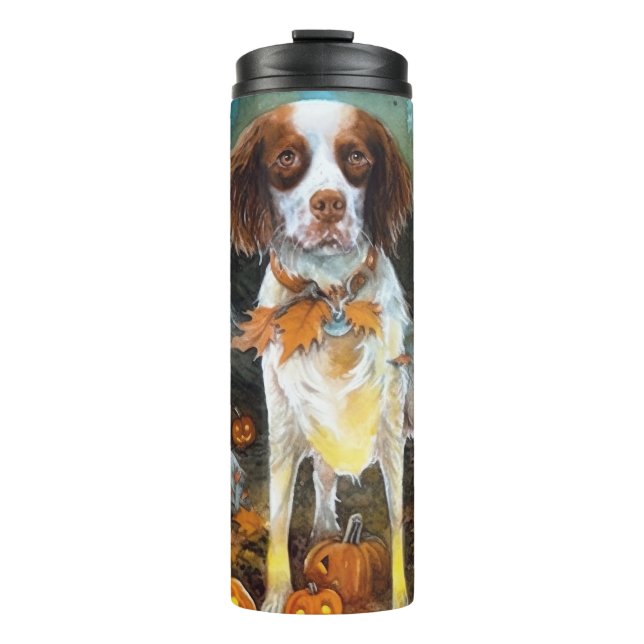 Garrafa Térmica Halloween Brittany Spaniel Com Pumpkins Assustado (Frente)