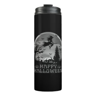 GARRAFA TÉRMICA HALLOWEEN BRUXA CEMITÉRIO PRETO E BRANCO