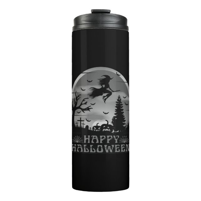 GARRAFA TÉRMICA HALLOWEEN BRUXA CEMITÉRIO PRETO E BRANCO (Frente)