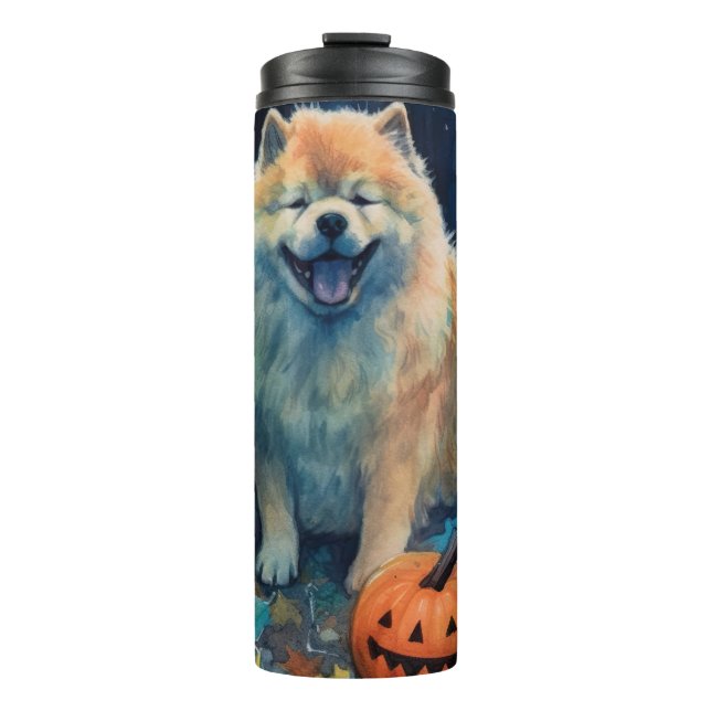 Garrafa Térmica Halloween Chow Chow Com Pumpkins Assustado (Frente)