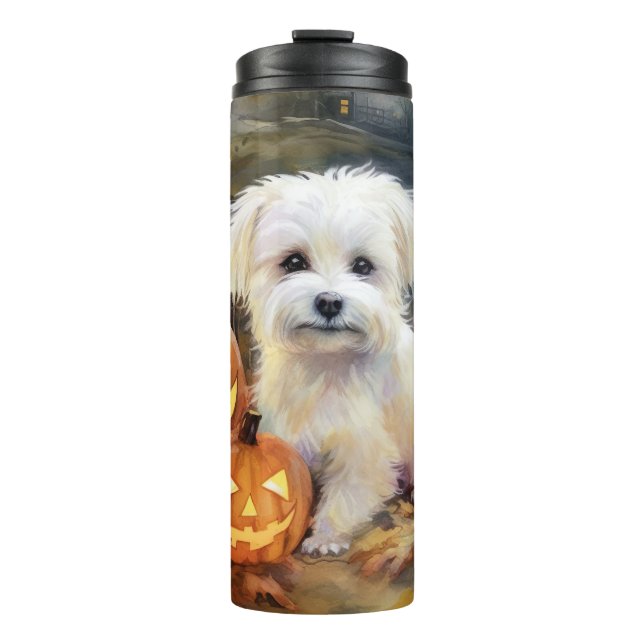 Garrafa Térmica Halloween Coton De Tulear Com Pumpkins Assustado (Frente)