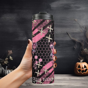 Garrafa Térmica Halloween dos crânios e Rosas Dourados de Silver G