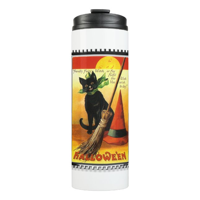 Garrafa Térmica Halloween Gatinho Sentando Bruxas Hat (Frente)