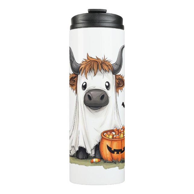 Garrafa Térmica Halloween Ghost Highland Cow PNG (Frente)
