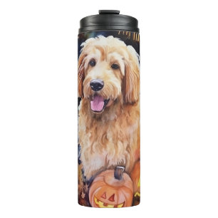 Garrafa Térmica Halloween Goldendoodle com Abóboras Assustador