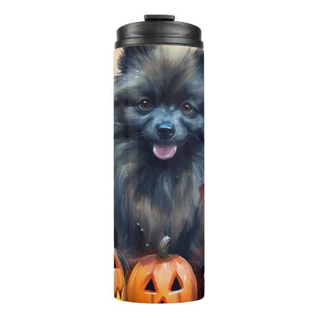 Garrafa Térmica Halloween Keeshond Com Pumpkins Assustado (Frente)