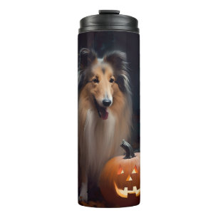 Garrafa Térmica Halloween Rough Collie Com Pumpkins Assustado