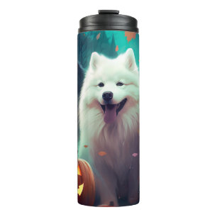 Garrafa Térmica Halloween Samoyed Com Pumpkins Assustado