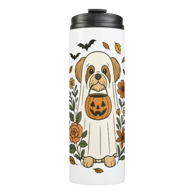Garrafa Térmica Halloween Shih Tzu com Flores de Queda (Frente)