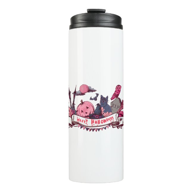 Garrafa Térmica Happy Halloween Banner with Castle, Pumpkin, Black (Frente)