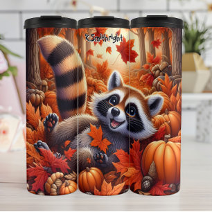 Garrafa Térmica Happy Raccoon nas Folhas de outono e Pumpkins