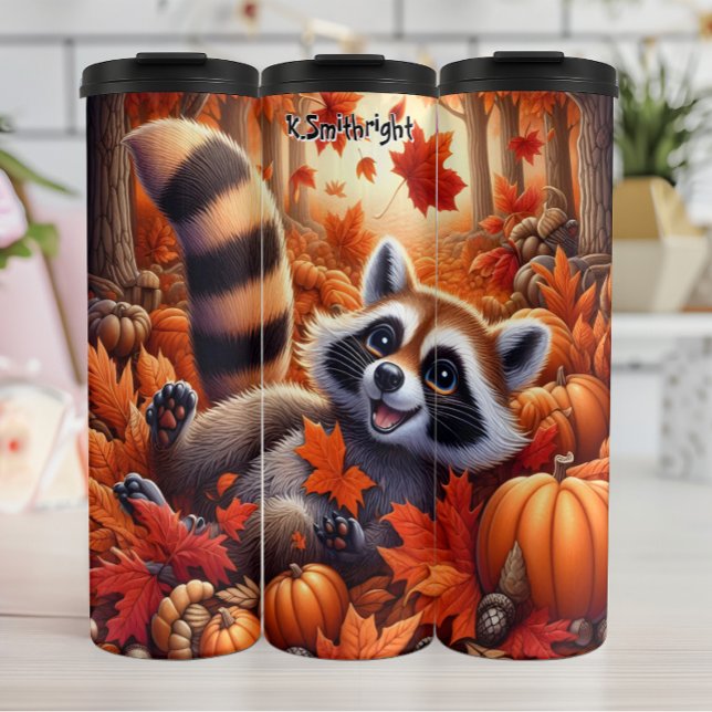 Garrafa Térmica Happy Raccoon nas Folhas de outono e Pumpkins (Criador carregado)