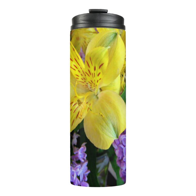 Garrafa Térmica Hemerocallis Amarelas & Flores de Lilás Roxo (Frente)