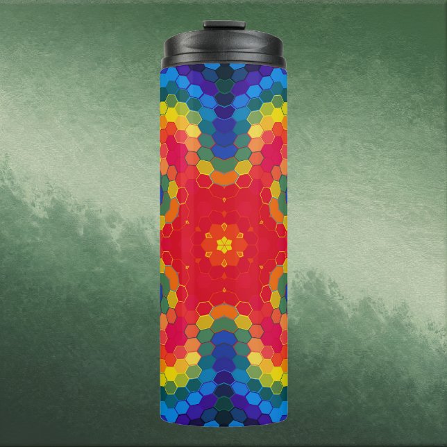 Garrafa Térmica Hex Mandala Red Yellow and Blue (Red Yellow and Blue Hexagon Mandala  Thermal Tumbler by Wormhole Orbital)