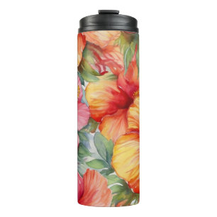 Garrafa Térmica HIBISCO TROPICAL DE Aquarela LARANJA VERMELHO ROSA
