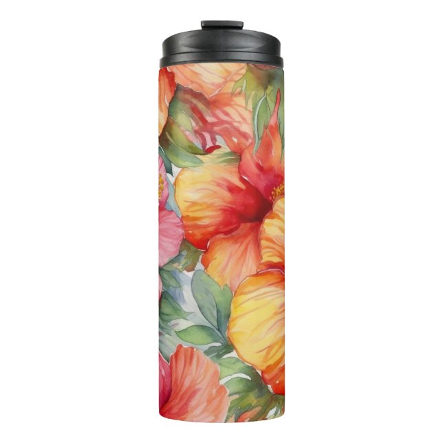 Garrafa Térmica HIBISCO TROPICAL DE Aquarela LARANJA VERMELHO ROSA (Frente)