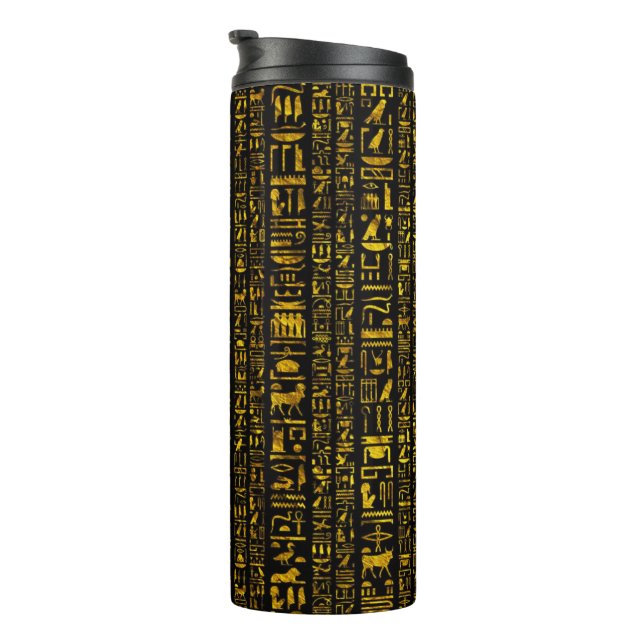 Garrafa Térmica Hieróglifos antigos egípcios dourados e cor preta (Rotação à direita)