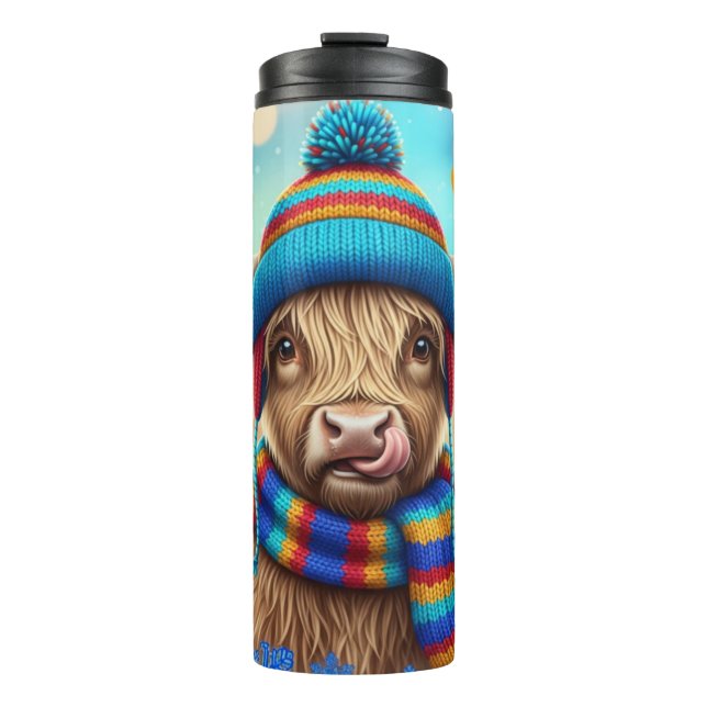 Garrafa Térmica Highland Cow in Rainbow Knits" (Frente)