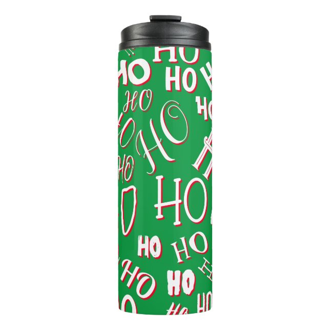 Garrafa Térmica HO HO Padrão de texto de Natal branco verde (Frente)