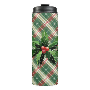 Garrafa Térmica Holly e Berries na Xadrez de Natal Verde Branco N