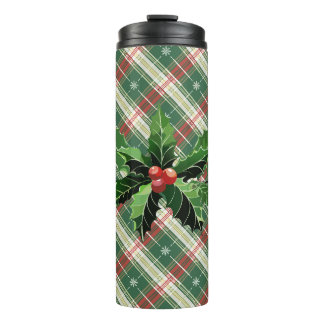 Garrafa Térmica Holly e Berries na Xadrez de Natal Verde Branco N