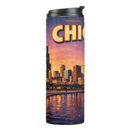 Garrafa Térmica Horizonte de Chicago e Lago Michigan ao anoitecer