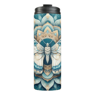 Garrafa Térmica Hummingbird Moth Mandala em Dourado, Branco e Azul