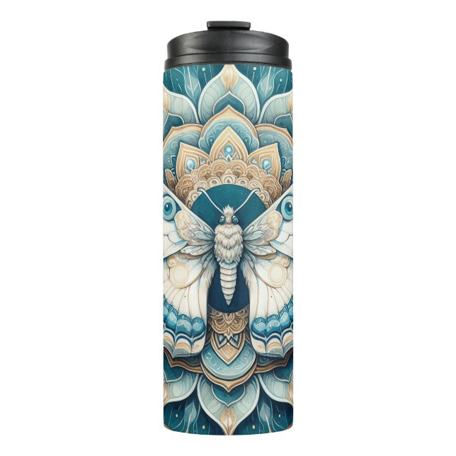 Garrafa Térmica Hummingbird Moth Mandala em Dourado, Branco e Azul (Frente)