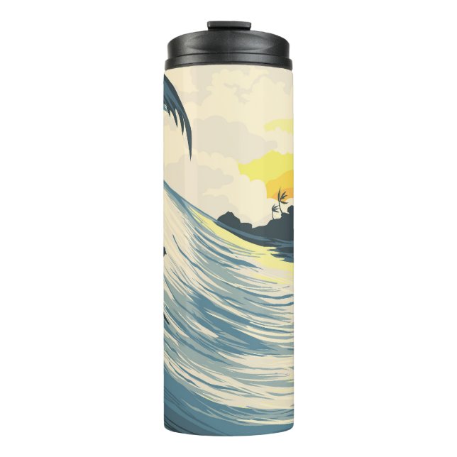 Garrafa Térmica Ilha tropical, onda, pôr do sol. (Frente)
