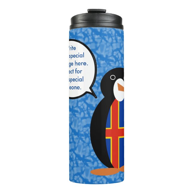 Garrafa Térmica Ilhas Åland Férias Sra. Pinguim Falando (Frente)