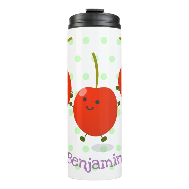 Garrafa Térmica Ilustração de desenho animado de cerejas vermelhas (Frente)