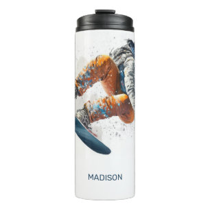 Garrafa Térmica Ilustração de Snowboarder de Nome Personalizado