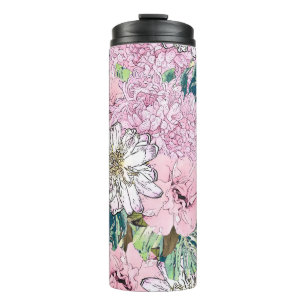 Garrafa Térmica Ilustração Floral Branco e Rosa Brilhante