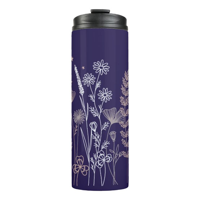 Garrafa Térmica Ilustração Floral do Céu Noturno Boho – Lua, Estre (Frente)