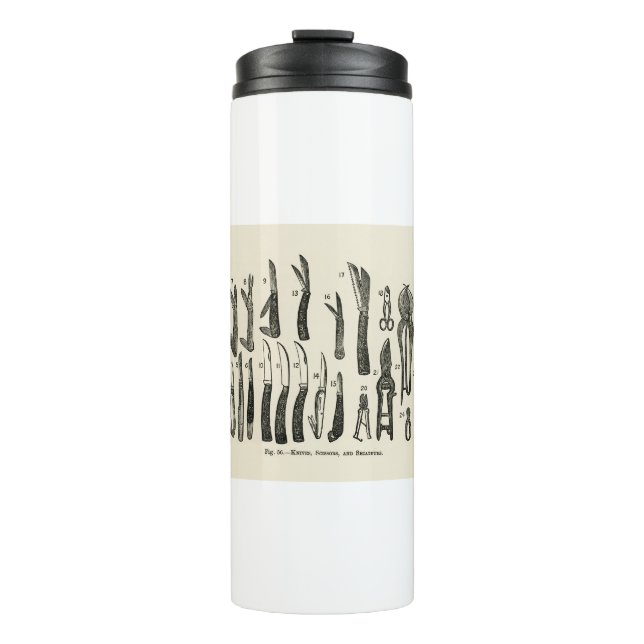 Garrafa Térmica Ilustração vítrea de facas, tesouras, secador (Frente)
